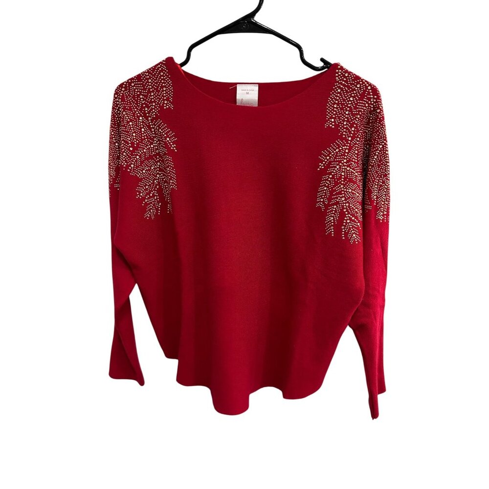 Luna Red Embellished Sweater Beaded Shoulder Detail Size Medium Statement